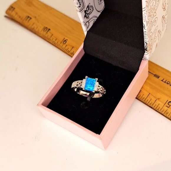 blue opal emerald cut ring size 10 - Picture 4 of 6
